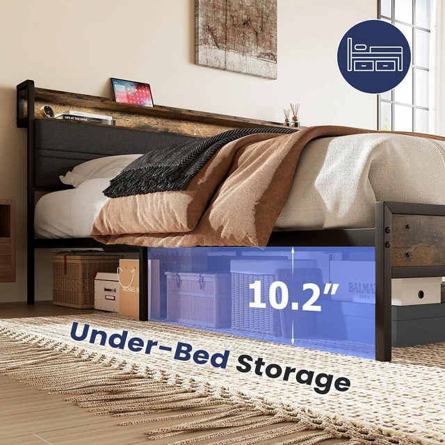 Alt view image 6 of 7 - GRUSIGN Full Bed Frame with LED Light Storage Headboard and Charging Station Type CPlatform Bed with Grey Upholstered HeadboardNo Box Spring Needed, Noise Free, Easy Assembly