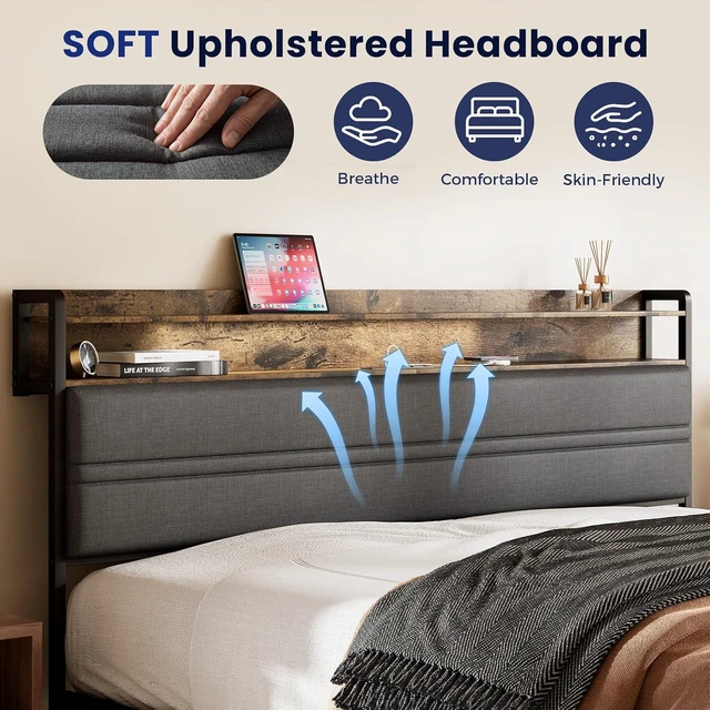 Alt view image 7 of 7 - GRUSIGN Full Bed Frame with LED Light Storage Headboard and Charging Station Type CPlatform Bed with Grey Upholstered HeadboardNo Box Spring Needed, Noise Free, Easy Assembly
