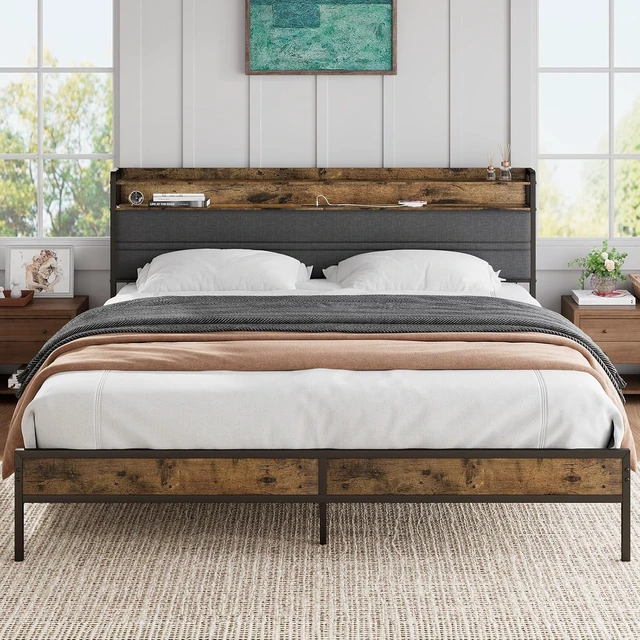 Main image of GRUSIGN King Bed Frame with LED Light Storage Headboard and Charging Station Type CPlatform Bed with Grey Upholstered HeadboardNo Box Spring Needed, Noise Free, Easy Assembly