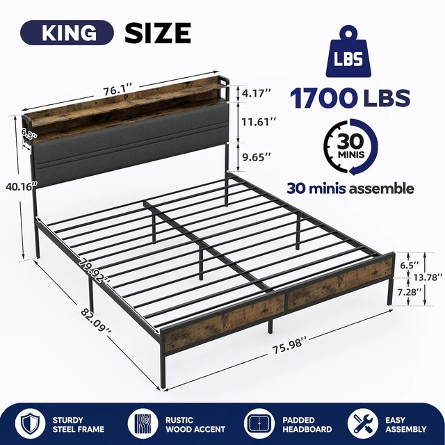 Alt view image 2 of 7 - GRUSIGN King Bed Frame with LED Light Storage Headboard and Charging Station Type CPlatform Bed with Grey Upholstered HeadboardNo Box Spring Needed, Noise Free, Easy Assembly