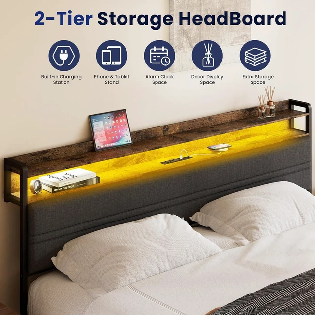 Alt view image 3 of 7 - GRUSIGN King Bed Frame with LED Light Storage Headboard and Charging Station Type CPlatform Bed with Grey Upholstered HeadboardNo Box Spring Needed, Noise Free, Easy Assembly
