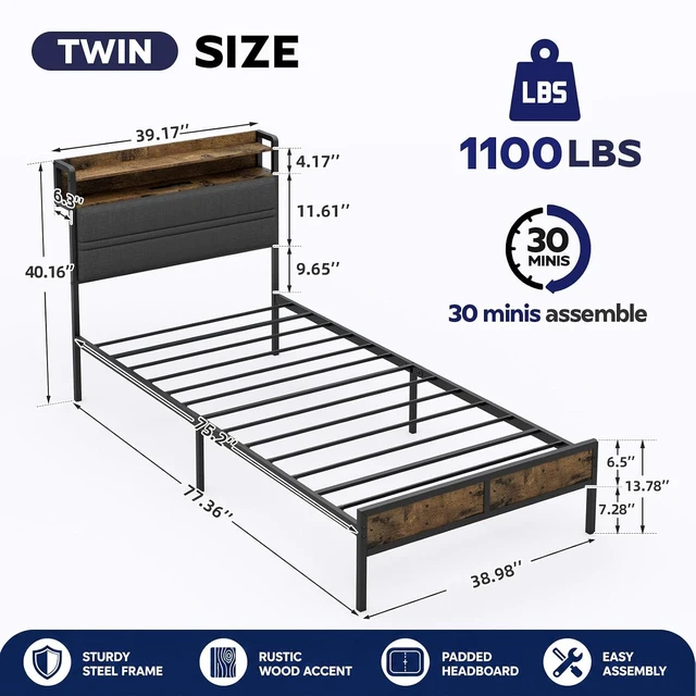 Alt view image 2 of 7 - GRUSIGN Twin Bed Frame with LED Light Storage Headboard and Charging Station Type Platform Bed with Grey Upholstered HeadboardNo Box Spring Needed, Noise Free, Easy Assembly