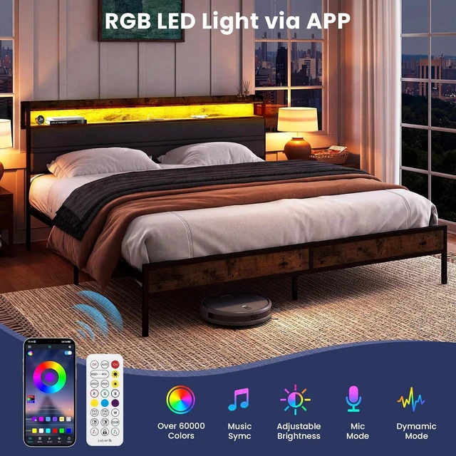Alt view image 7 of 7 - GRUSIGN King Bed Frame with LED Light Storage Headboard and Charging Station Type CPlatform Bed with Grey Upholstered HeadboardNo Box Spring Needed, Noise Free, Easy Assembly