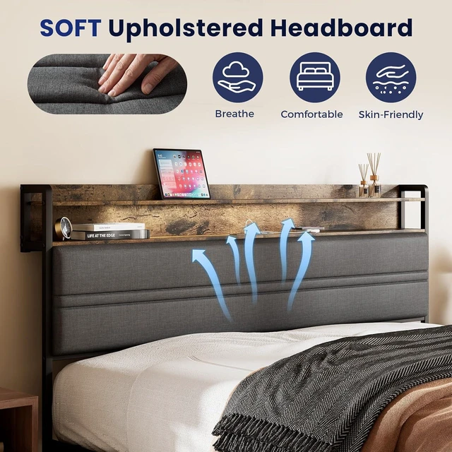 Alt view image 6 of 7 - GRUSIGN King Bed Frame with LED Light Storage Headboard and Charging Station Type CPlatform Bed with Grey Upholstered HeadboardNo Box Spring Needed, Noise Free, Easy Assembly