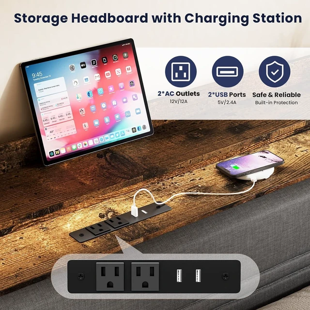 Alt view image 4 of 7 - GRUSIGN Full Bed Frame with LED Light Storage Headboard and Charging Station Type CPlatform Bed with Grey Upholstered HeadboardNo Box Spring Needed, Noise Free, Easy Assembly