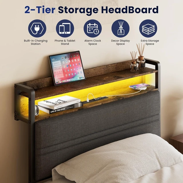 Alt view image 3 of 7 - GRUSIGN Twin Bed Frame with LED Light Storage Headboard and Charging Station Type Platform Bed with Grey Upholstered HeadboardNo Box Spring Needed, Noise Free, Easy Assembly