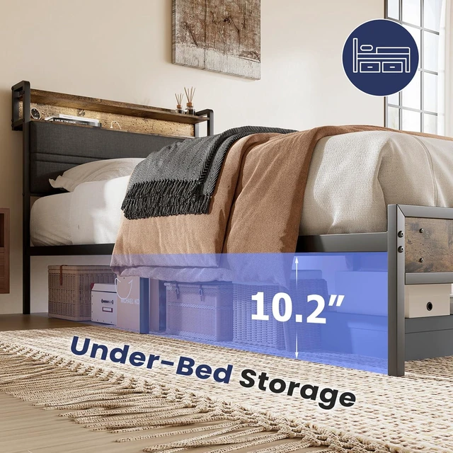 Alt view image 5 of 7 - GRUSIGN Twin Bed Frame with LED Light Storage Headboard and Charging Station Type Platform Bed with Grey Upholstered HeadboardNo Box Spring Needed, Noise Free, Easy Assembly