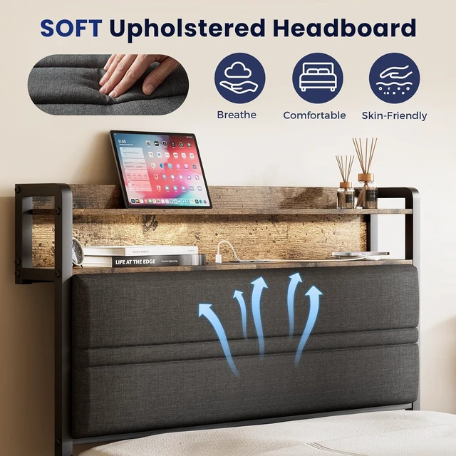 Alt view image 7 of 7 - GRUSIGN Twin Bed Frame with LED Light Storage Headboard and Charging Station Type Platform Bed with Grey Upholstered HeadboardNo Box Spring Needed, Noise Free, Easy Assembly