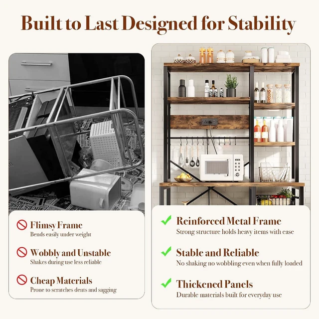 Alt view image 7 of 7 - GRUSIGN Kitchen Bakers Rack with Storage, 6-Tier Coffee Bar Station with Power Outlet, Microwave Stand with 12 S-Shaped Hooks, Open Kitchen Storage Shelves for Spices, Pots and Pans, Rustic Brown