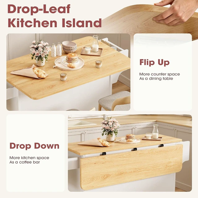 Alt view image 4 of 7 - GRUSIGN Kitchen Island with Storage, 41.7" Rolling Cart with Drop Leaf, Portable Island Table on Wheels, Spice Rack, Towel Rack and Drawer, White, 41.7" L x 29.5" W