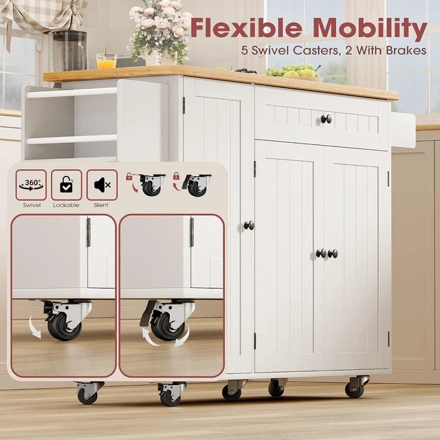 Alt view image 6 of 7 - GRUSIGN Kitchen Island with Storage, 41.7" Rolling Cart with Drop Leaf, Portable Island Table on Wheels, Spice Rack, Towel Rack and Drawer, White, 41.7" L x 29.5" W