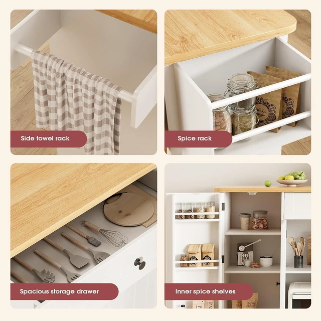 Alt view image 7 of 7 - GRUSIGN Kitchen Island with Storage, 41.7" Rolling Cart with Drop Leaf, Portable Island Table on Wheels, Spice Rack, Towel Rack and Drawer, White, 41.7" L x 29.5" W