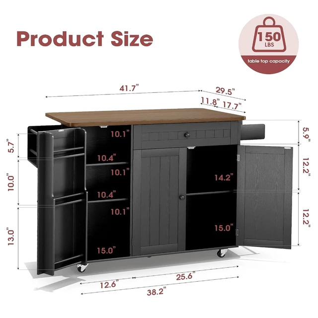 Alt view image 3 of 7 - GRUSIGN 41.7" Rolling Kitchen Island Cart with Drop Leaf Storage, Black