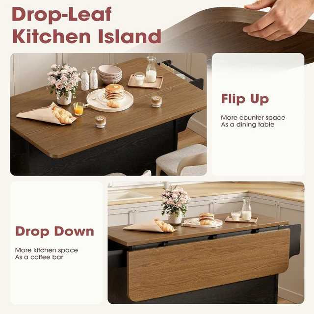 Alt view image 4 of 7 - GRUSIGN 41.7" Rolling Kitchen Island Cart with Drop Leaf Storage, Black