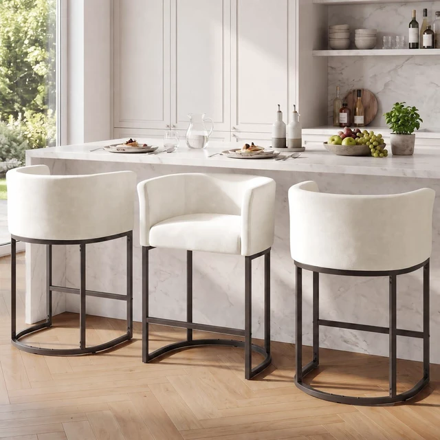 Main image of GRUSIGN Chenille Counter Height Bar Stools Set of 3, 26" Kitchen Island Stools with Arms & Footrest, Upholstered Barrel Back Bar Chairs for Kitchen Dining Room, Bar & Lounge Area, Beige