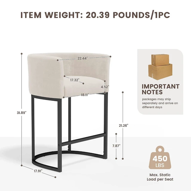 Alt view image 2 of 7 - GRUSIGN Chenille Counter Height Bar Stools Set of 3, 26" Kitchen Island Stools with Arms & Footrest, Upholstered Barrel Back Bar Chairs for Kitchen Dining Room, Bar & Lounge Area, Beige