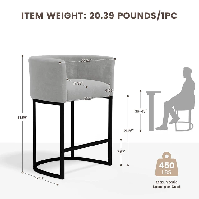 Alt view image 2 of 7 - GRUSIGN Chenille Counter Height Bar Stools Set of 1, 26" Kitchen Island Stools with Arms & Footrest, Upholstered Barrel Back Bar Chairs for Kitchen, Dining Room, Bar & Lounge Area, Grey