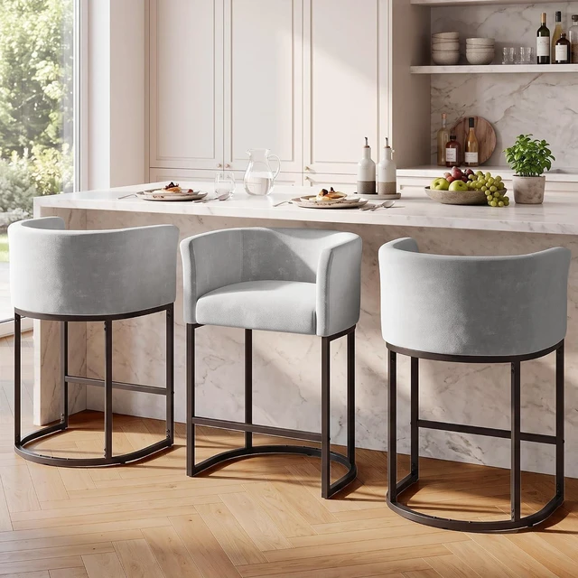 Main image of GRUSIGN Chenille Counter Height Bar Stools Set of 3, 26" Kitchen Island Stools with Arms & Footrest, Upholstered Barrel Back Bar Chairs for Kitchen, Dining Room, Bar & Lounge Area, Grey