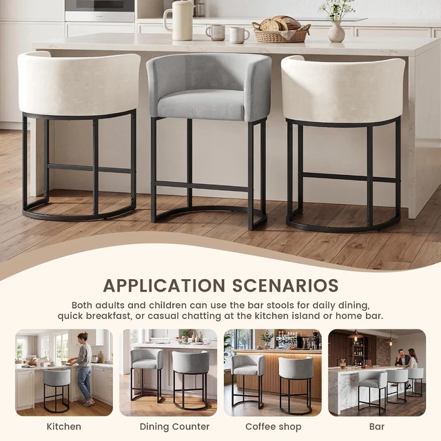Alt view image 7 of 7 - GRUSIGN Chenille Counter Height Bar Stools Set of 3, 26" Kitchen Island Stools with Arms & Footrest, Upholstered Barrel Back Bar Chairs for Kitchen, Dining Room, Bar & Lounge Area, Grey
