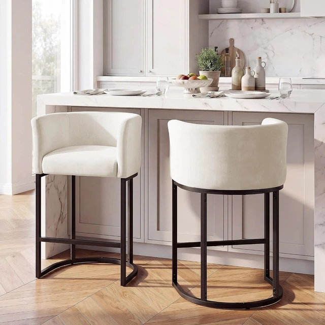 Main image of GRUSIGN Chenille Counter Height Bar Stools Set of 1, 26" Kitchen Island Stools with Arms & Footrest, Upholstered Barrel Back Bar Chairs for Kitchen Dining Room, Bar & Lounge Area, Beige
