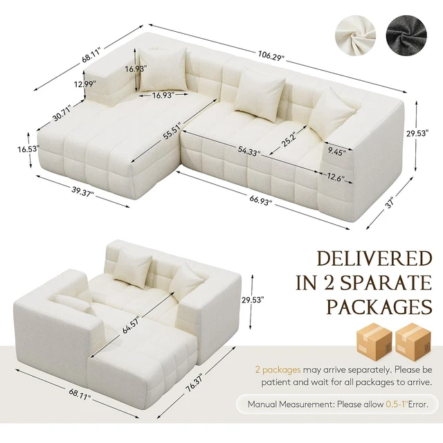 Alt view image 2 of 7 - 107" Cloud Sectional Couch with Chaise, Boneless Modular Sofa, Beige
