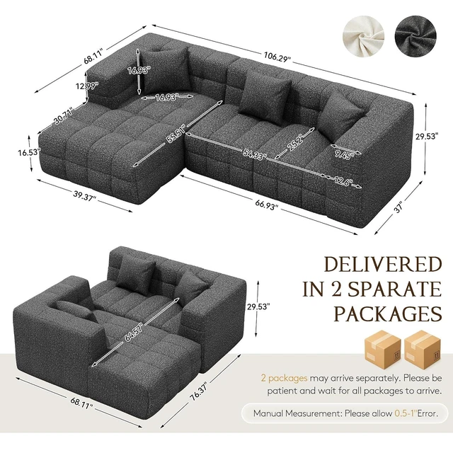 Alt view image 2 of 7 - 107" Cloud Sectional Couch with Chaise, Boneless Modular Sofa, Dark Grey