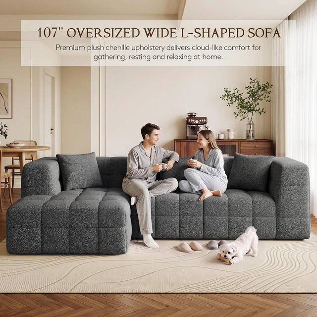 Alt view image 3 of 7 - 107" Cloud Sectional Couch with Chaise, Boneless Modular Sofa, Dark Grey