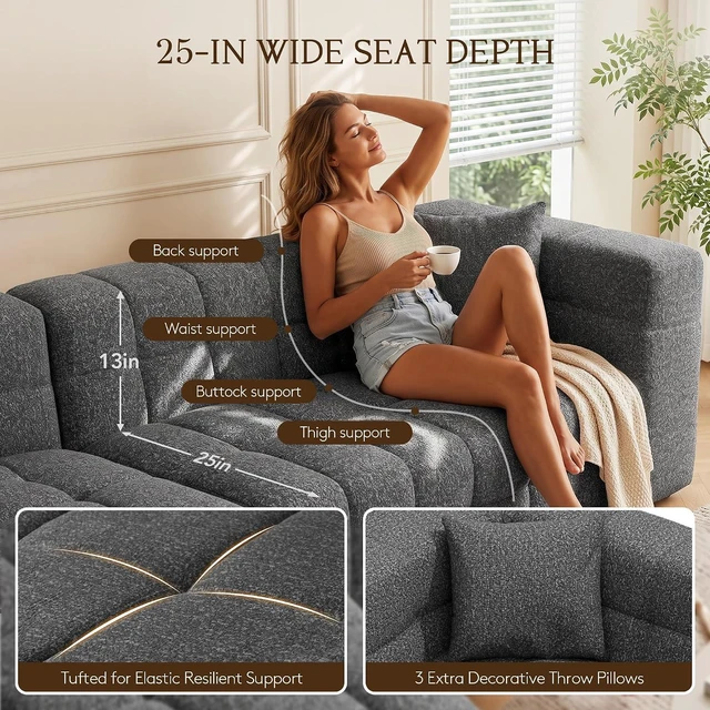 Alt view image 5 of 7 - 107" Cloud Sectional Couch with Chaise, Boneless Modular Sofa, Dark Grey