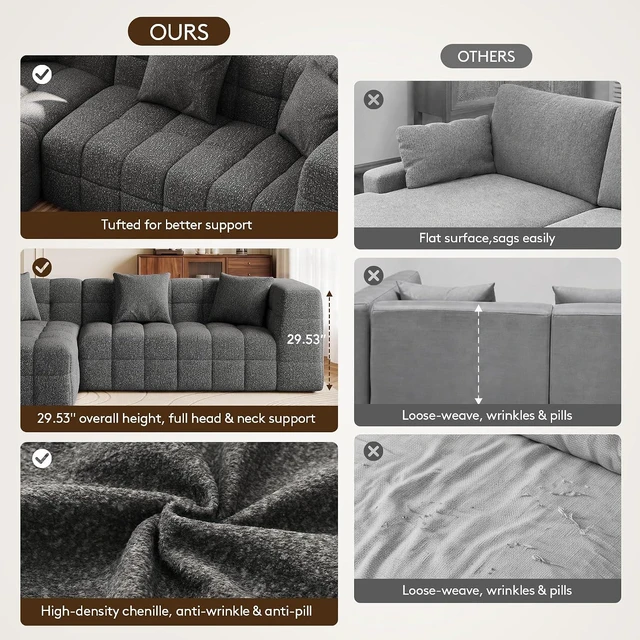 Alt view image 6 of 7 - 107" Cloud Sectional Couch with Chaise, Boneless Modular Sofa, Dark Grey
