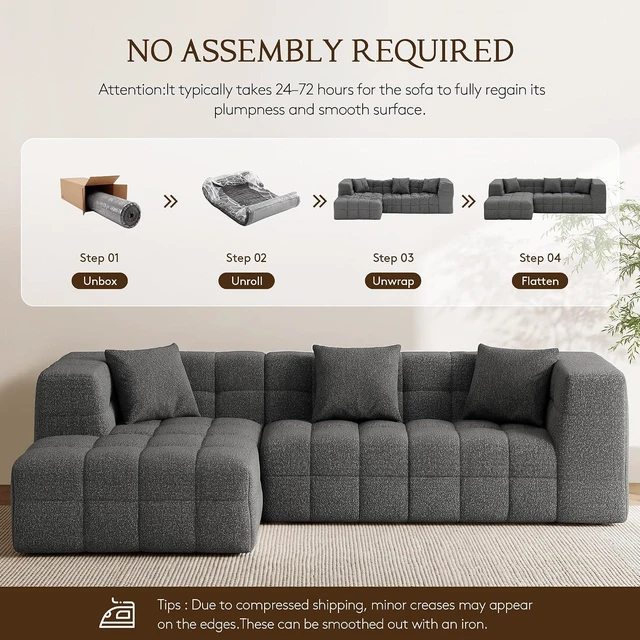 Alt view image 7 of 7 - 107" Cloud Sectional Couch with Chaise, Boneless Modular Sofa, Dark Grey