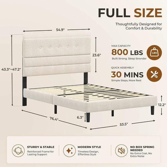 Alt view image 2 of 7 - GRUSIGN Full Size Bed Frame with Linen Fabric Headboard, Adjustable Height Upholstered Platform Bed Frame with Wooden Slats, Easy Assembly, Beige
