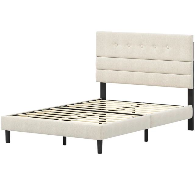 Alt view image 7 of 7 - GRUSIGN Full Size Bed Frame with Linen Fabric Headboard, Adjustable Height Upholstered Platform Bed Frame with Wooden Slats, Easy Assembly, Beige