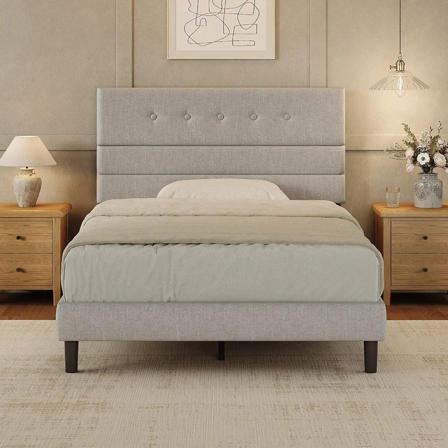 Main image of GRUSIGN Full Size Bed Frame with Linen Fabric Headboard, Adjustable Height Upholstered Platform Bed Frame with Wooden Slats, Easy Assembly, Dark Grey