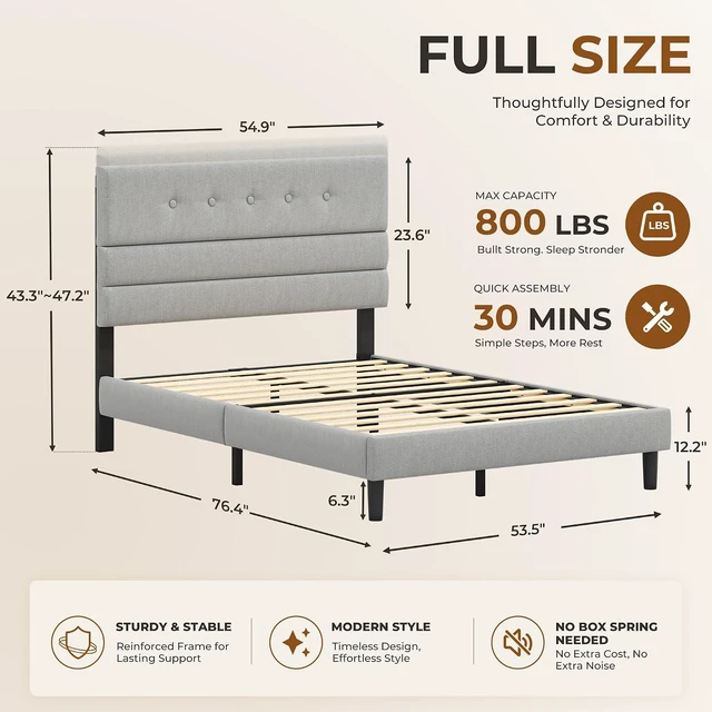 Alt view image 2 of 7 - GRUSIGN Full Size Bed Frame with Linen Fabric Headboard, Adjustable Height Upholstered Platform Bed Frame with Wooden Slats, Easy Assembly, Dark Grey