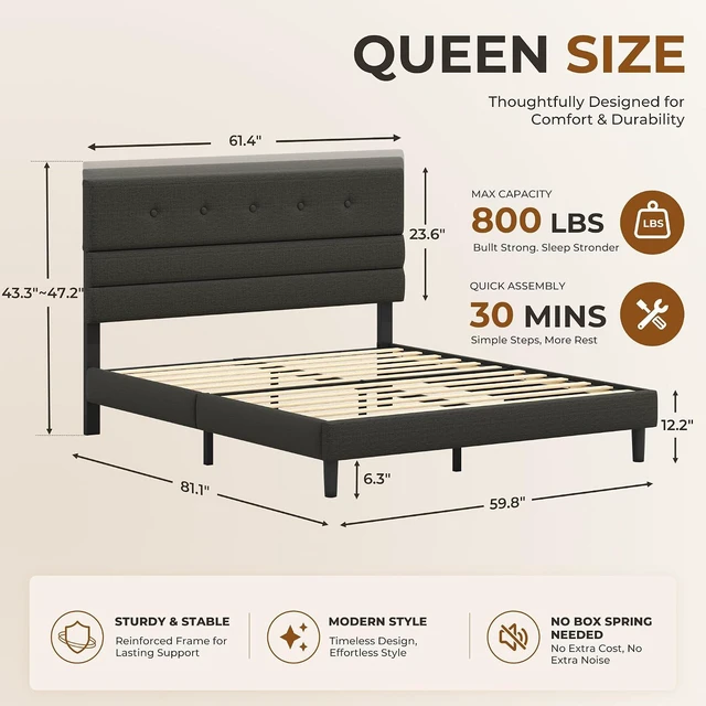 Alt view image 2 of 7 - GRUSIGN Queen Size Bed Frame with Linen Fabric Headboard, Adjustable Height Upholstered Platform Bed Frame with Wooden Slats, Easy Assembly, Black