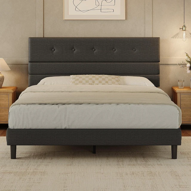 Main image of GRUSIGN Queen Size Bed Frame with Linen Fabric Headboard, Adjustable Height Upholstered Platform Bed Frame with Wooden Slats, Easy Assembly, Black
