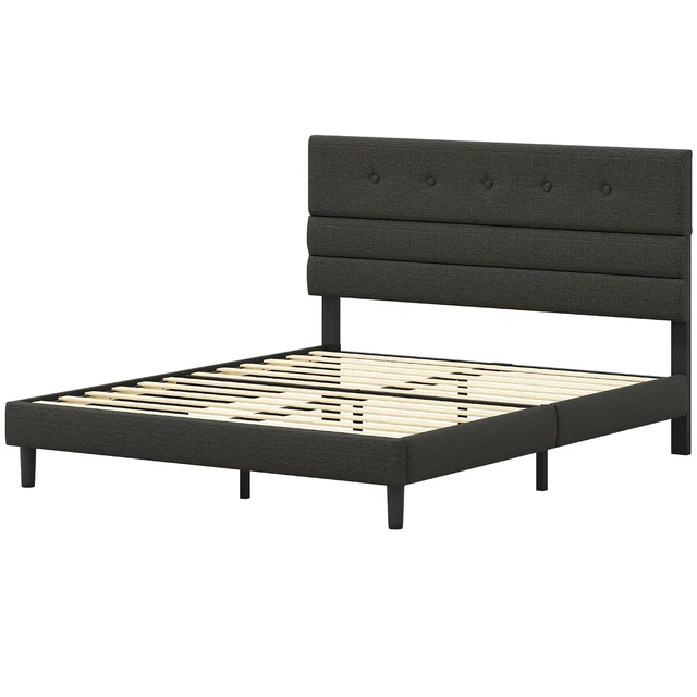 Alt view image 7 of 7 - GRUSIGN Queen Size Bed Frame with Linen Fabric Headboard, Adjustable Height Upholstered Platform Bed Frame with Wooden Slats, Easy Assembly, Black