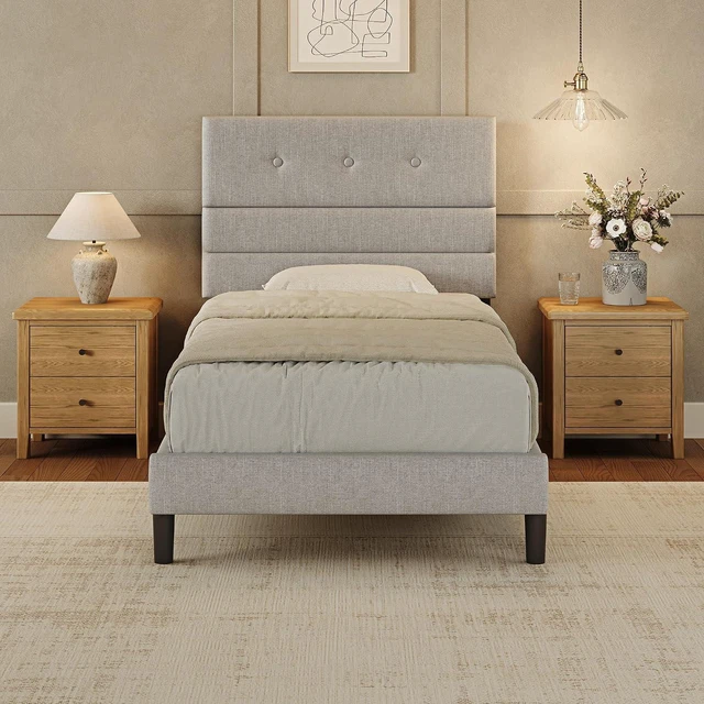 Main image of GRUSIGN Twin Size Bed Frame with Linen Fabric Headboard, Adjustable Height Upholstered Platform Bed Frame with Wooden Slats, Easy Assembly, Dark Grey