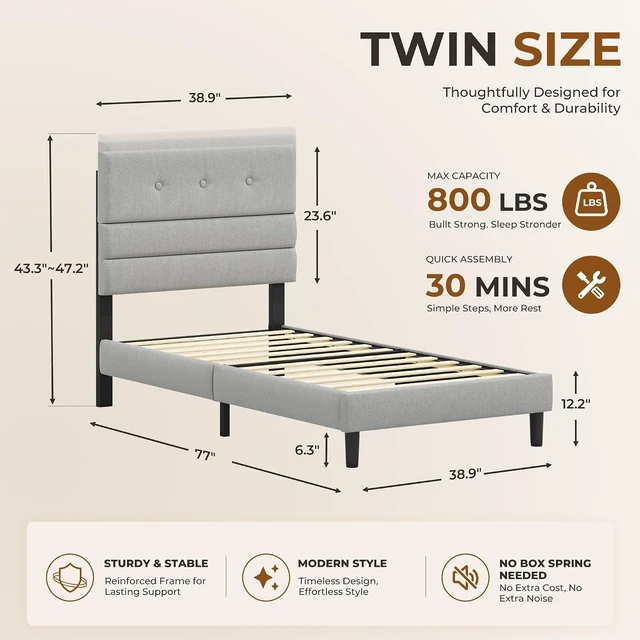 Alt view image 2 of 7 - GRUSIGN Twin Size Bed Frame with Linen Fabric Headboard, Adjustable Height Upholstered Platform Bed Frame with Wooden Slats, Easy Assembly, Dark Grey