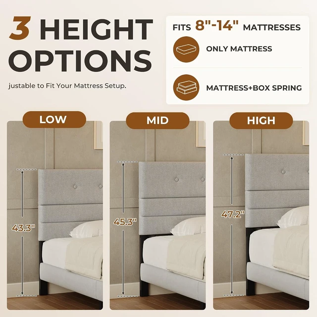 Alt view image 3 of 7 - GRUSIGN Twin Size Bed Frame with Linen Fabric Headboard, Adjustable Height Upholstered Platform Bed Frame with Wooden Slats, Easy Assembly, Dark Grey