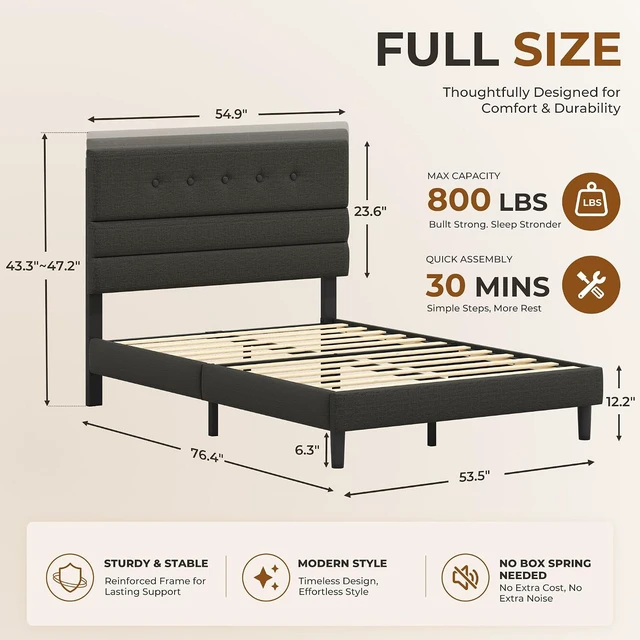 Alt view image 2 of 7 - GRUSIGN Full Size Bed Frame with Linen Fabric Headboard, Adjustable Height Upholstered Platform Bed Frame with Wooden Slats, Easy Assembly, Black