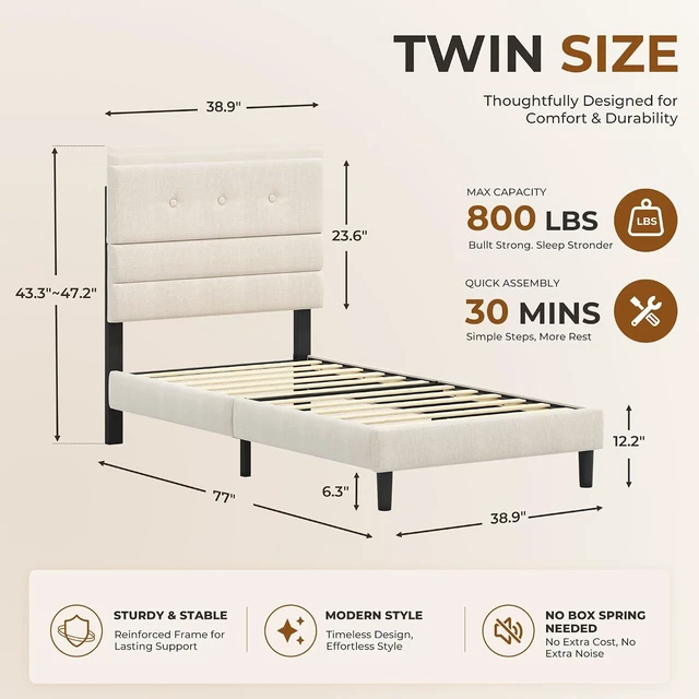 Alt view image 2 of 7 - GRUSIGN Twin Size Bed Frame with Linen Fabric Headboard, Adjustable Height Upholstered Platform Bed Frame with Wooden Slats, Easy Assembly, Beige