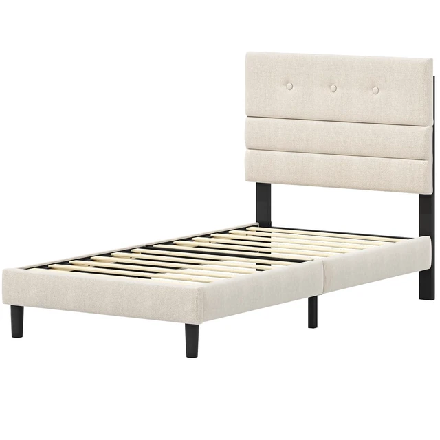 Alt view image 7 of 7 - GRUSIGN Twin Size Bed Frame with Linen Fabric Headboard, Adjustable Height Upholstered Platform Bed Frame with Wooden Slats, Easy Assembly, Beige