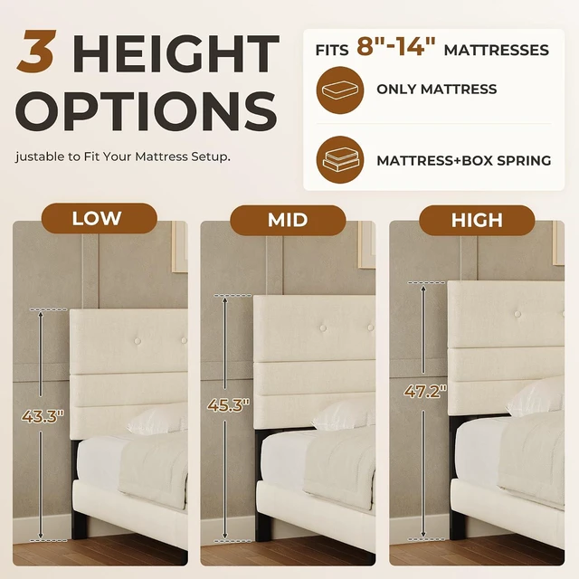 Alt view image 3 of 7 - GRUSIGN Full Size Bed Frame with Linen Fabric Headboard, Adjustable Height Upholstered Platform Bed Frame with Wooden Slats, Easy Assembly, Beige