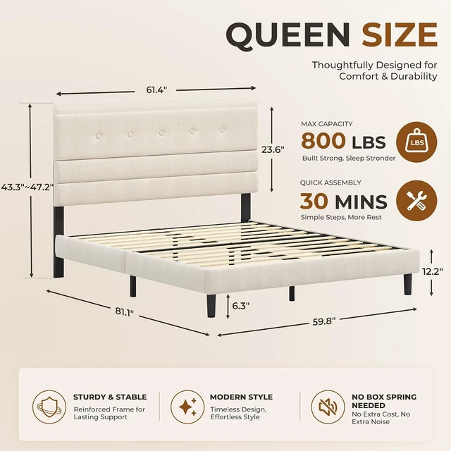 Alt view image 2 of 7 - GRUSIGN Queen Size Bed Frame with Linen Fabric Headboard, Adjustable Height Upholstered Platform Bed Frame with Wooden Slats, Easy Assembly, Beige