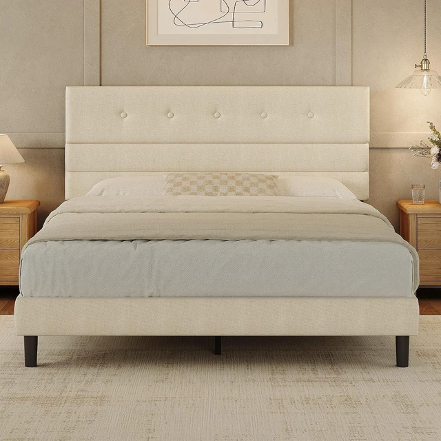 Main image of GRUSIGN Queen Size Bed Frame with Linen Fabric Headboard, Adjustable Height Upholstered Platform Bed Frame with Wooden Slats, Easy Assembly, Beige