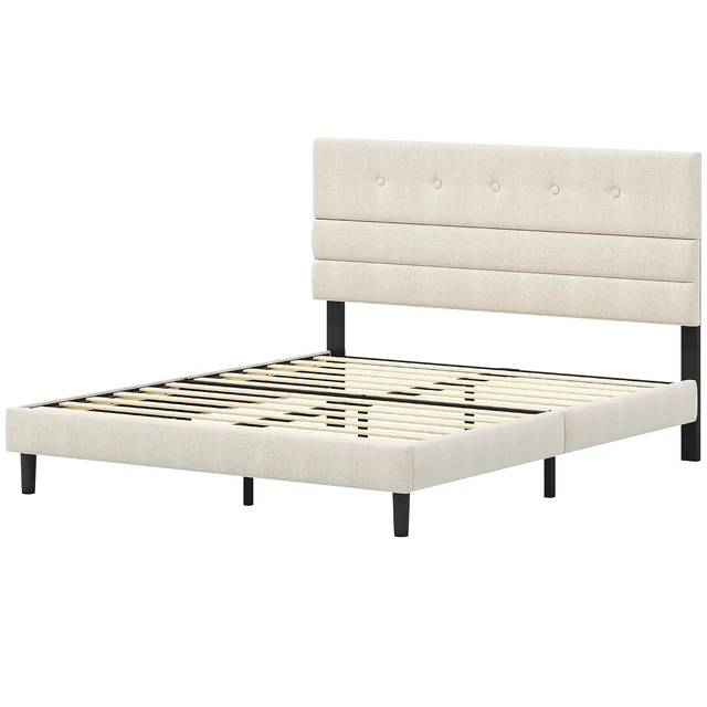 Alt view image 7 of 7 - GRUSIGN Queen Size Bed Frame with Linen Fabric Headboard, Adjustable Height Upholstered Platform Bed Frame with Wooden Slats, Easy Assembly, Beige