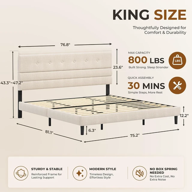 Alt view image 2 of 7 - GRUSIGN King Size Bed Frame with Linen Fabric Headboard, Adjustable Height Upholstered Platform Bed Frame with Wooden Slats, Easy Assembly, Beige
