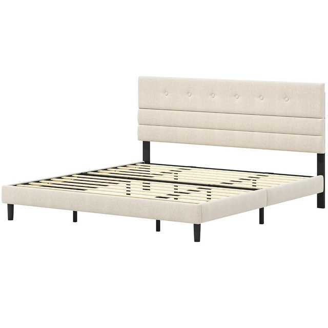 Alt view image 7 of 7 - GRUSIGN King Size Bed Frame with Linen Fabric Headboard, Adjustable Height Upholstered Platform Bed Frame with Wooden Slats, Easy Assembly, Beige
