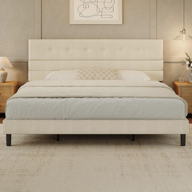 Main image of GRUSIGN King Size Bed Frame with Linen Fabric Headboard, Adjustable Height Upholstered Platform Bed Frame with Wooden Slats, Easy Assembly, Beige